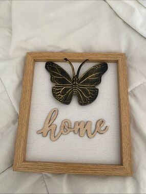 Home Wall Decor Framed 'Home' Sign with Gold Butterfly